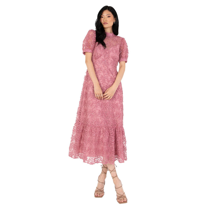 Maya Deluxe Damen Women's Embroidered Dress for Ladies Sequin Embellished Midaxi Floral High Neck We