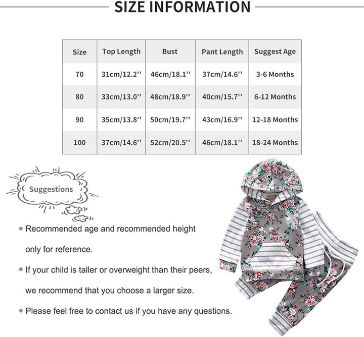 EDOTON Baby Mädchen Outfit 2 Stücke Set Gestreifte Blumen Hoodies mit Tasche Top + Lange Hosen Sweat