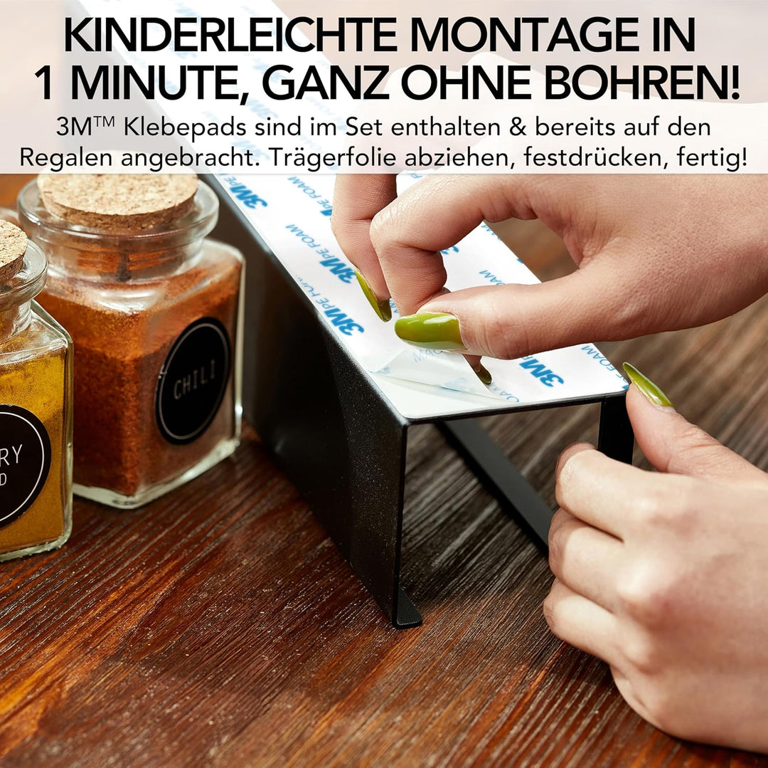 LIKAYA® Gewürzregal 2er Set aus schwarzem Metall mit 3M™ Klebepads für zB unsere Gewürzgläser (2x6 S
