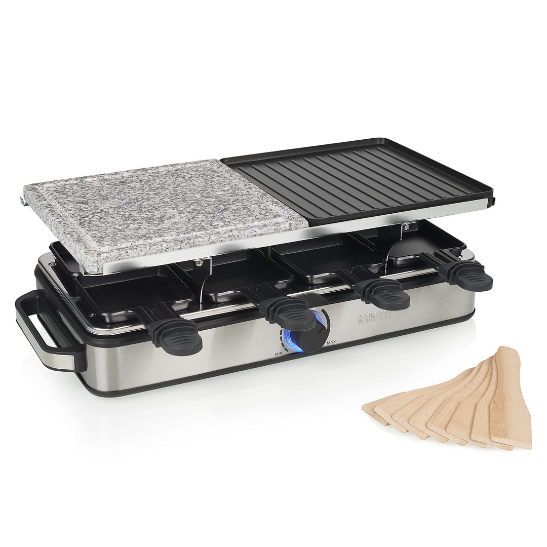 Princess Raclette-Grill Deluxe – mit Stein- & Aluminiumplatte, doppelseitig, 8 Personen, Raclette Pf