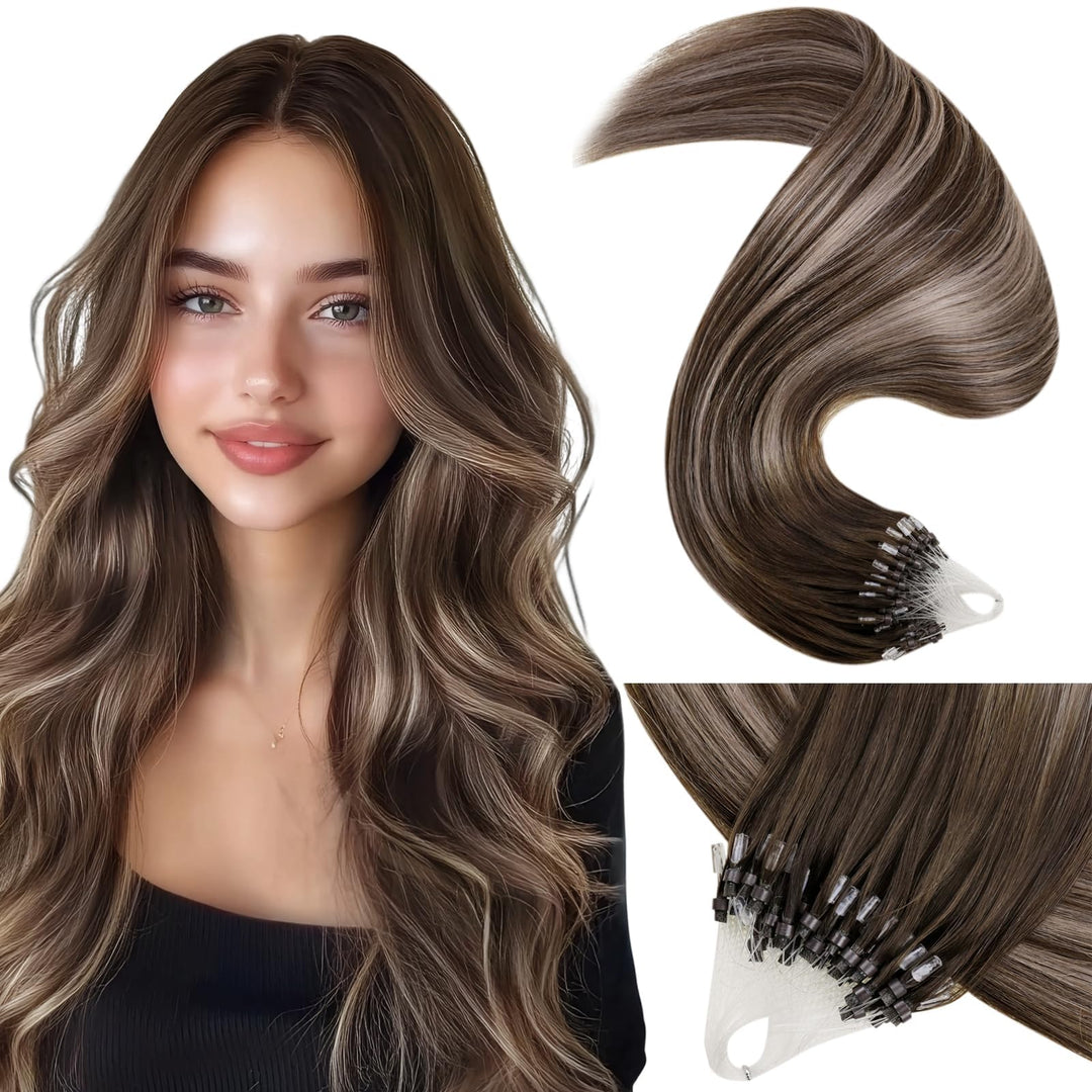LaaVoo Microring Extensions Echthaar Braun 45cm Remy Haarverlängerung Microrings Echthaar Ombre Dunk