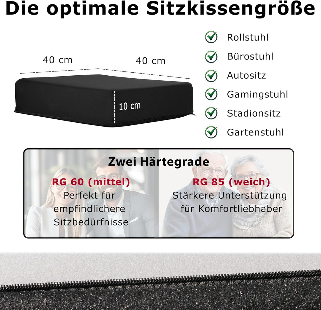 Viskoelastisches Sitzkissen viscoelastisches Anti Dekubitus Sitzpolster 40 x 40 x 10 cm SCHWARZ Memo