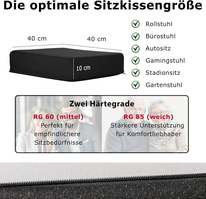 Viskoelastisches Sitzkissen viscoelastisches Anti Dekubitus Sitzpolster 40 x 40 x 10 cm SCHWARZ Memo