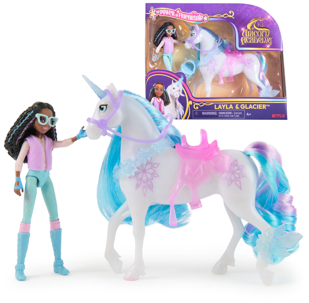 Unicorn Academy Set - Layla und Einhorn Glacier mit echter Mähne und Schweif sowie Bürste, ca. 12 cm