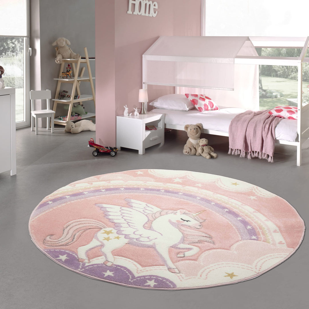Teppich-Traum kreisförmiger Kinderzimmer Spielteppich • strapazierfähig • Einhorn Regenbogen Wolken