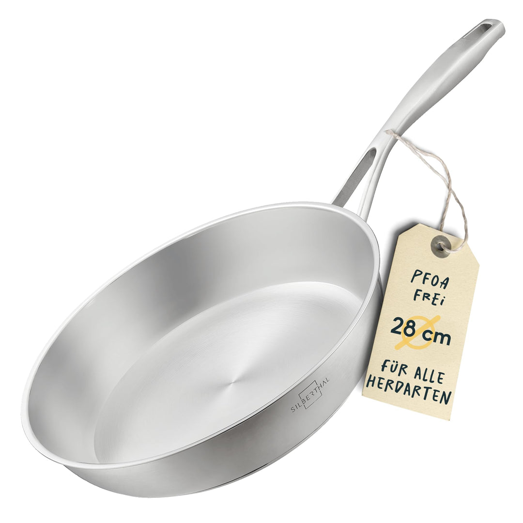 SILBERTHAL Edelstahl Pfanne Unbeschichtet - Induktion - Profi Bratpfanne 28cm - Röstaromen - Ofenfes