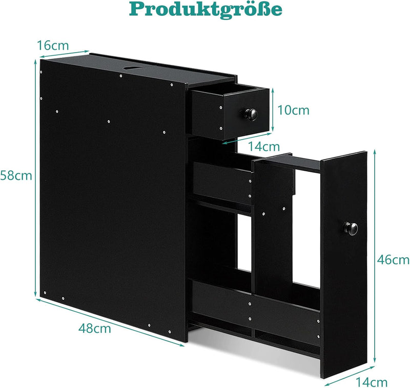 COSTWAY Nischenregal mit Schubladen, schmaler Nischenschrank aus Holz, Badschrank, Badregal, Seitens