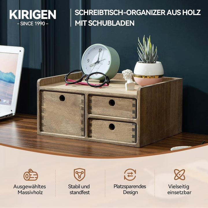 KIRIGEN Holz-Schreibtisch-Organizer mit 3 Schubladen und 1 Einlegeboden Heimarbeitsplatz Bürobedarf