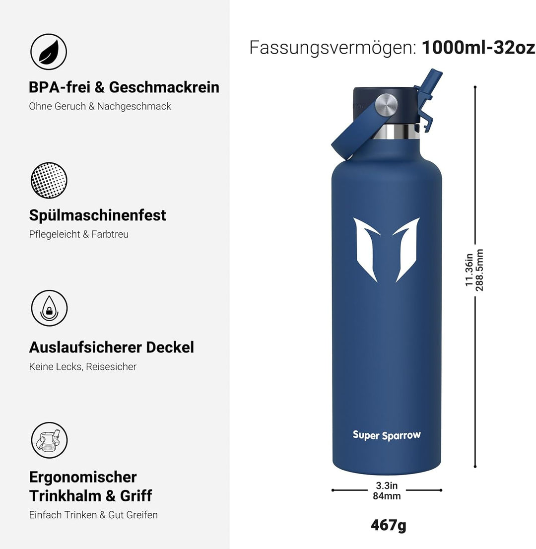 Super Sparrow Trinkflasche Edelstahl - Thermobecher - 350ml, 500ml, 750ml, 1L, 1.2L - FlipFlow Trink