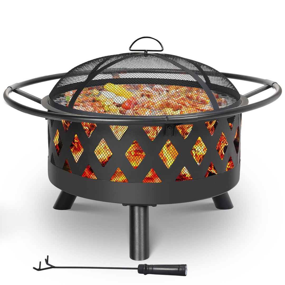 Feuerschale, Ø 76cm Feuerkorb mit Funkenschutz und Schürhaken, Feuerschalen für den Garten Gross, Fe