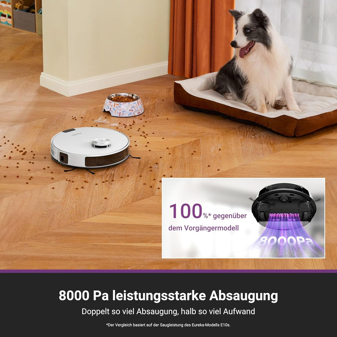 Eureka E20 Plus Saugroboter mit Absaugstation ohne Beutel, Staubsaugroboter 8000 Pa, Anti-Wickel, 18