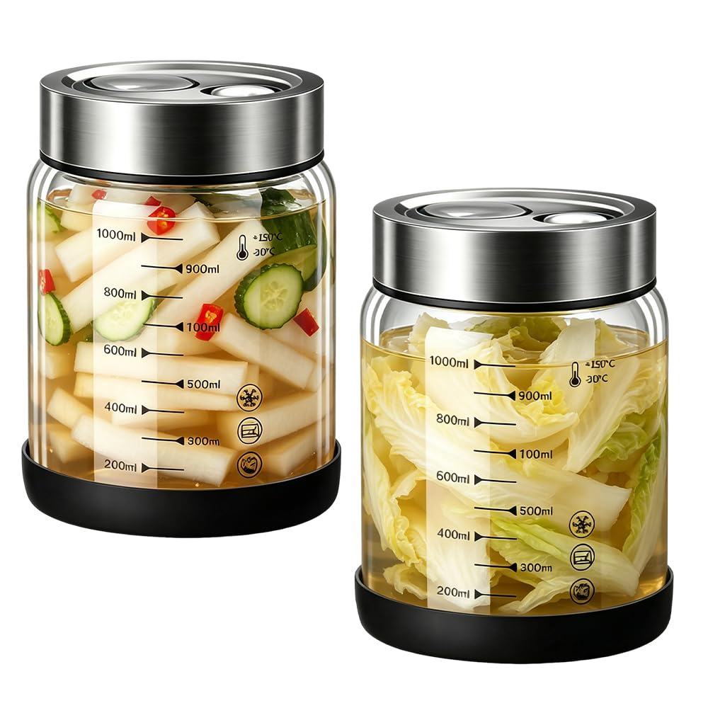 Fermentierglas 1L, 2 Stück Fermentiergläser mit Ventil, Kimchi Behälter mit Deckel, Fermentationsgla