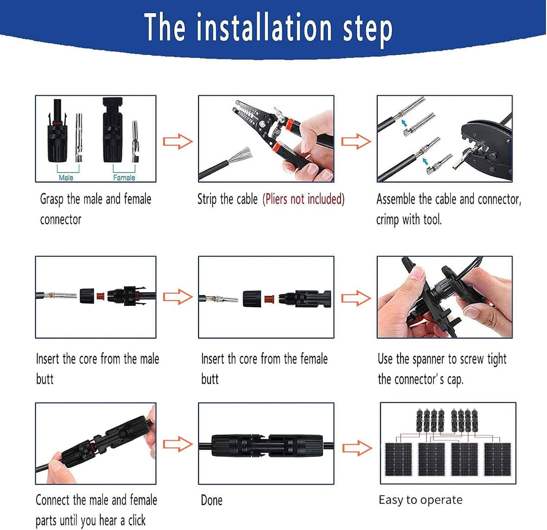 QeeHeng Solar-Crimpwerkzeug, Solarstecker-Set, mit 10 Paar Solarstecker + 2 Schraubenschlüssel, Crim