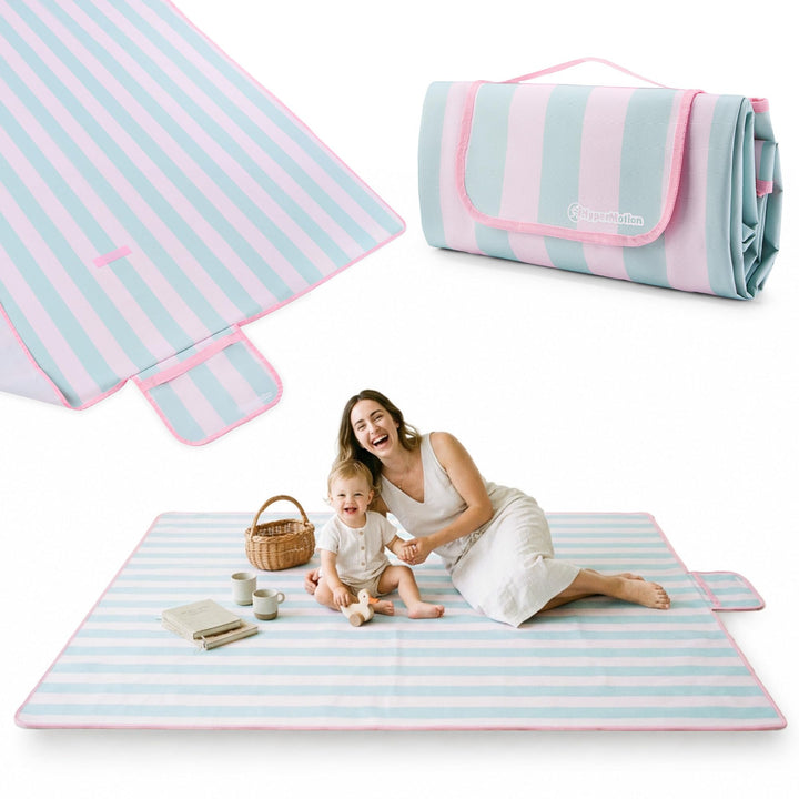 HyperMotion Picknickdecke 150x200 cm wasserfest Streifen Rosa Grün | Picknickdecke mit wasserfester