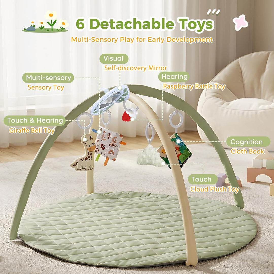 Baby-Spielmatte, Spielbogen mit Spielzeug, Spiegel und Stoffbuch – Boden-Spieldecke (Ø 90 cm) mit ab
