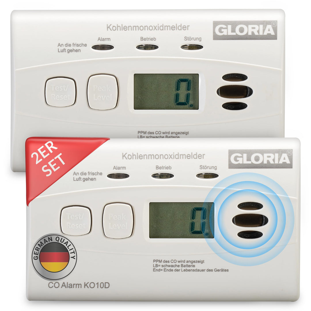 Gloria 2X Kohlenmonoxidmelder KO10D mit 10 Jahren Garantie und fest eingebauter Lithium Batterie