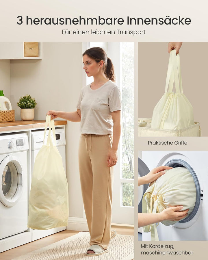 SONGMICS Wäschekorb mit 3 Fächern, 160 L, mit Deckel, 5 Etiketten, herausnehmbarer und waschbarer In
