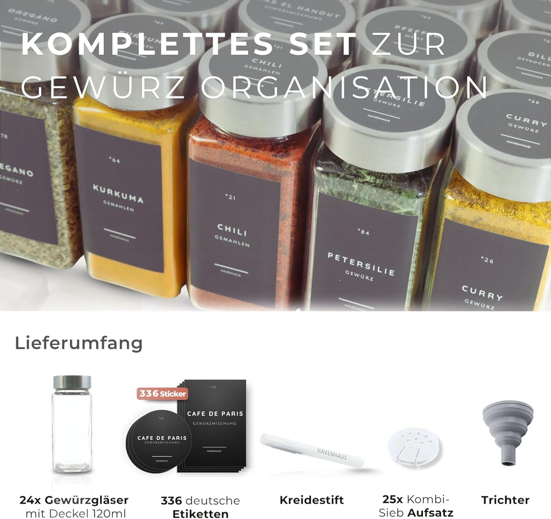 HAVENHAUS Gewürzgläser Set | hochwertiges Komplettset aus 24x Gewürz Gläser [120ml] inkl. 336 deutsc