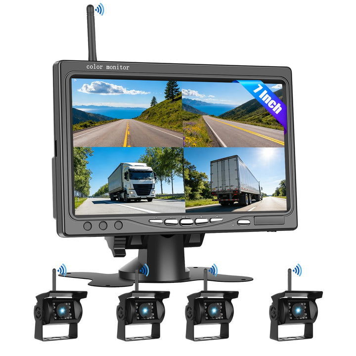 1080P Kabelloses Rückfahrkamerasystem für Wohnmobile, 7-Zoll-Rückfahrkameramonitor für 4 Kanäle mit