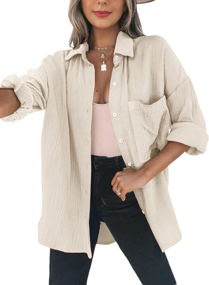 Dokotoo Bluse Damen Musselin Langarmshirt Baumwolle Lässig Oberteile Hemd Langarm Einfarbig Tops Far