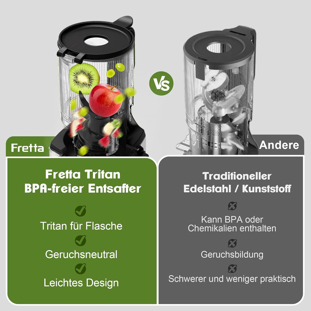 Fretta Entsafter Slow Juicer, Edelstahl Entsafter Gemüse und Obst Testsieger, 135MM Öffnung & 1,8L J