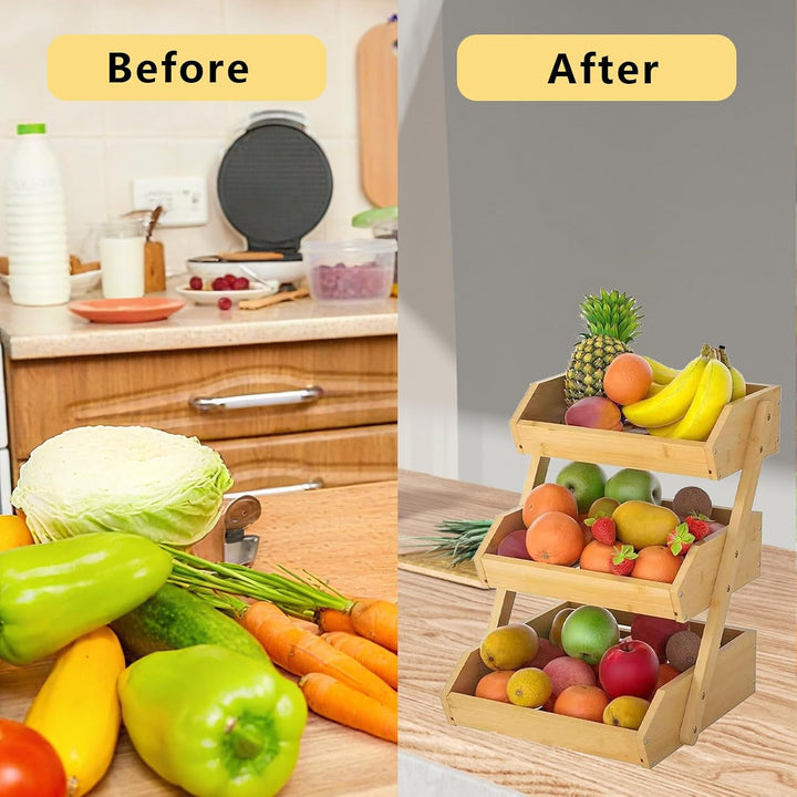 Obstschale aus Bambus mit 3 Ebenen, abnehmbar, Obst- und Gemüsehalter, Brot- und Snackhalter, Organi