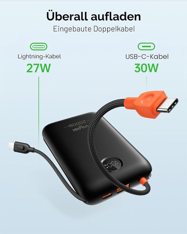 VIYISI Powerbank 20000mAh 30W mit Integriertem 2 Kabeln, Schwarz, Schwarz