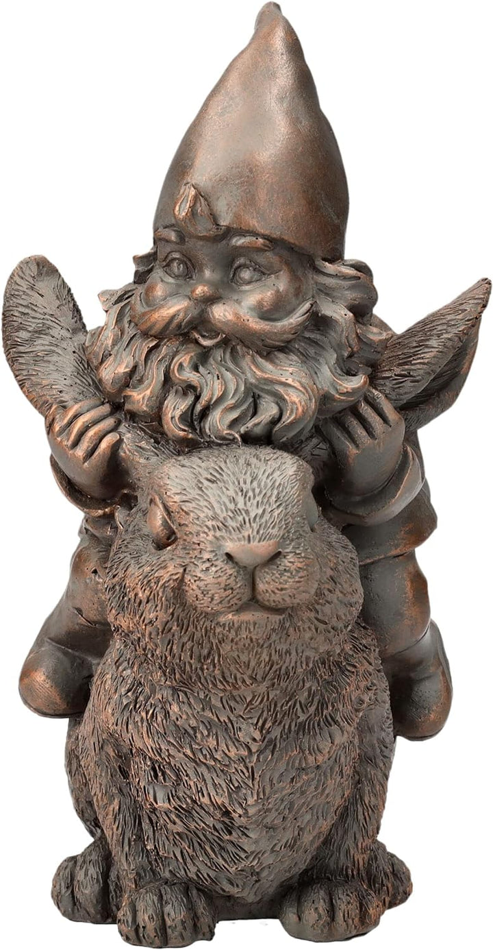 Pacific Giftware Gartenzwerg Figur reitet auf Hase | Bronzefarben Garten-Figur Deko Zwerg