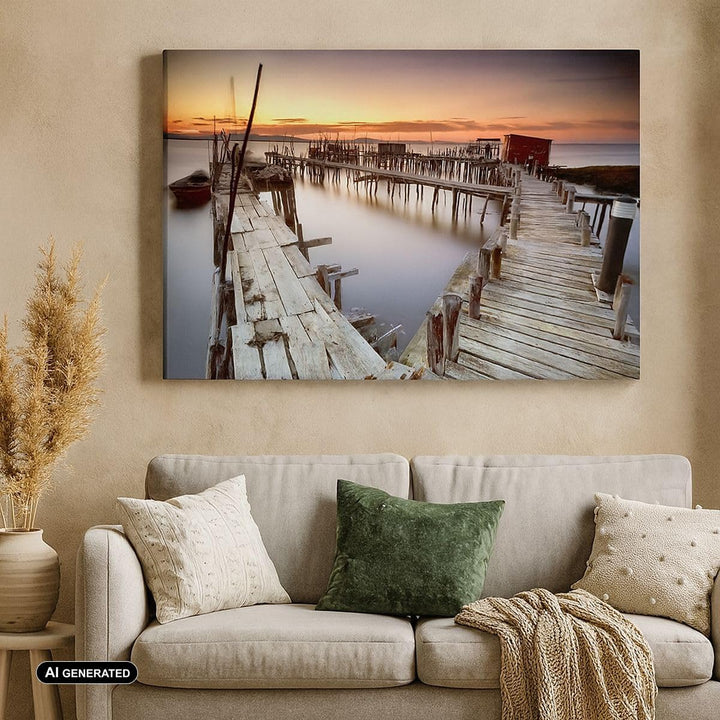 Bilder auf Leinwand 100x70cm Leinwandbild mit Rahmen Brücke Boot Meer Gross Wanddeko Bild Schlafzimm