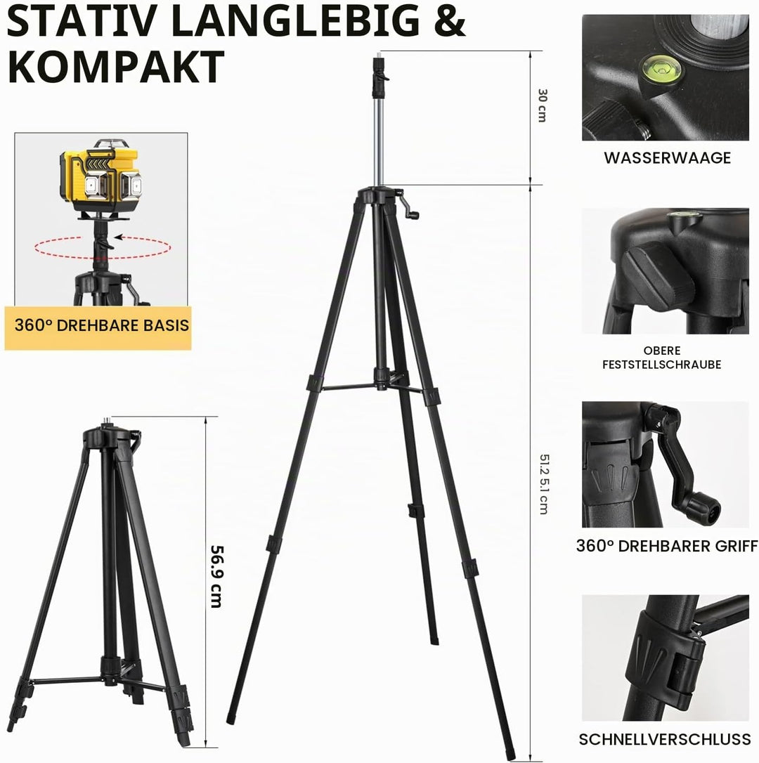 Kreuzlinienlaser mit Stativ - cjumel 4 x 360° Grün Laser Wasserwaage Selbstnivellierend, 4D 16 Linie