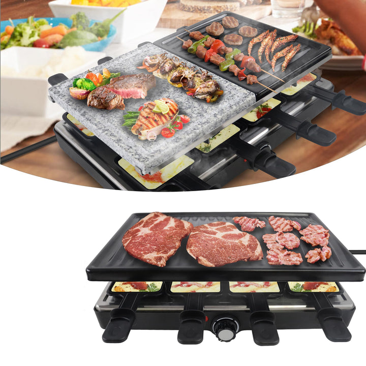 Raclette Grill für 8 Personen, Elektrischer Tischgrill 1400W, Antihaft-Racletteplatte, inkl. 8 Pfänn