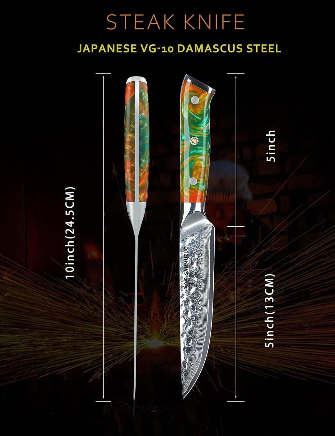 Damaskus Steakmesser 4-Teilig - Profi Kochmesser 13 cm Besteckmesser, Gehämmertem Damaskus Stahl und