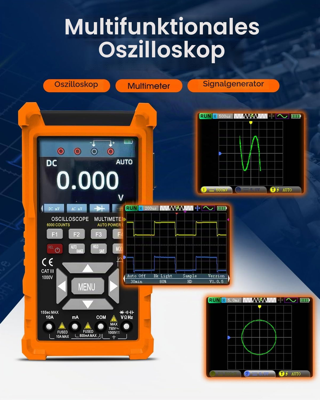 SURLABA Oszilloskop 3in1, 2 Kanal Oszilloskop mit 50 MHz Bandbreite, 280 MSa/s, TRMS 6000 Count Mult
