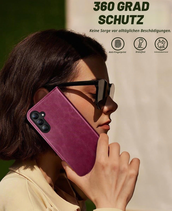 OCASE Handyhülle für Samsung Galaxy S24 FE Hülle Premium Leder Burgundy | Flip Klappbare Klapphülle