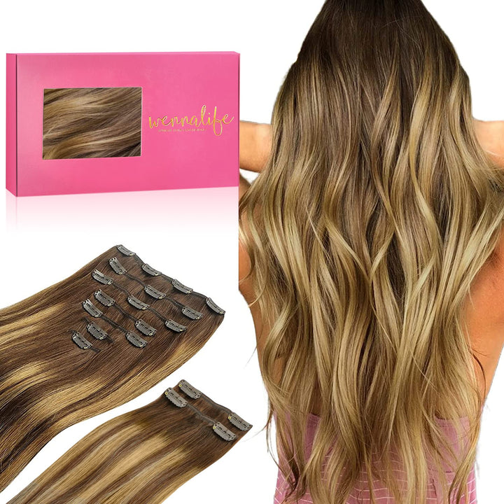 WENNALIFE Clip In Extensions Echthaar, 150g 45cm 9pcs Balayage Schokoladenbraun bis Karamellblond Cl
