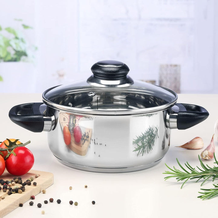 Edelstahl Kochtopf mit Glas Deckel und Messskala - 16 cm - Braten Topf mit Dunstloch für alle Herdar