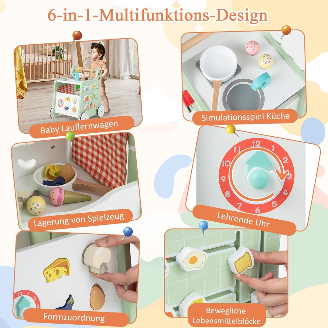 DREAMADE Lauflernwagen Holz, 6-in-1 hölzerne Lauflernhilfe, Baby Walker mit Blöcken & 9 Teilen Zubeh