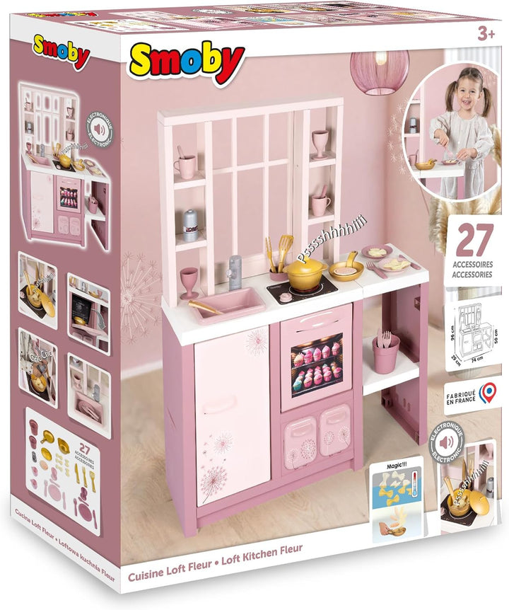 Smoby – Loft Spielküche Fleur – Kinderküche im modernen Loft-Stil mit Kochfeld, Ofen, Kühlschrank &