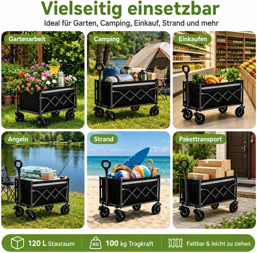 Faltbarer Bollerwagen mit Feststellbremse, 120L Grosser Strandwagen 100KG, Robuster Outdoor Transpor