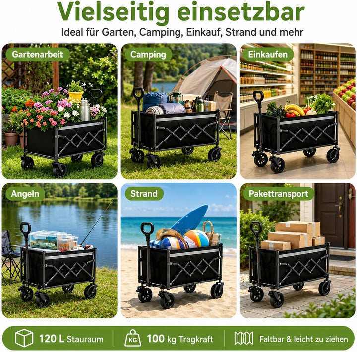 Faltbarer Bollerwagen mit Feststellbremse, 120L Grosser Strandwagen 100KG, Robuster Outdoor Transpor