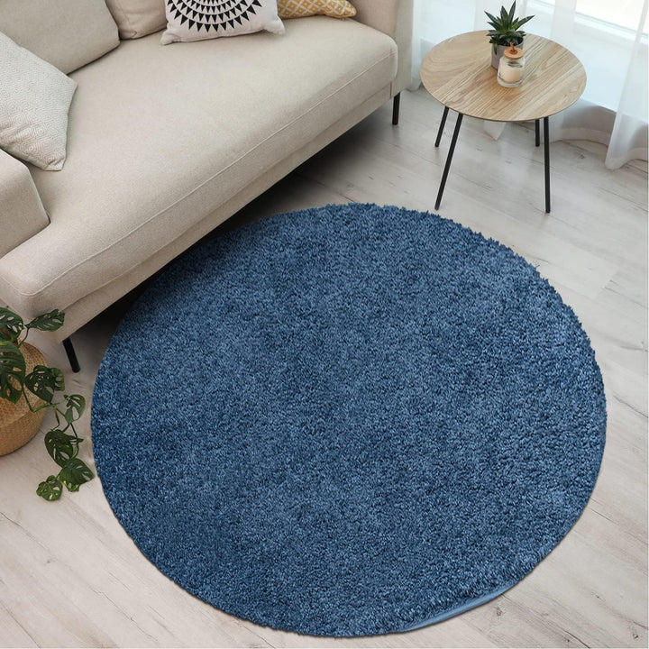 payé Teppich Rund Hochflor Shaggy - 200x200cm - Blau Einfarbig Uni Flauschig Modern Boho Wohnzimmer