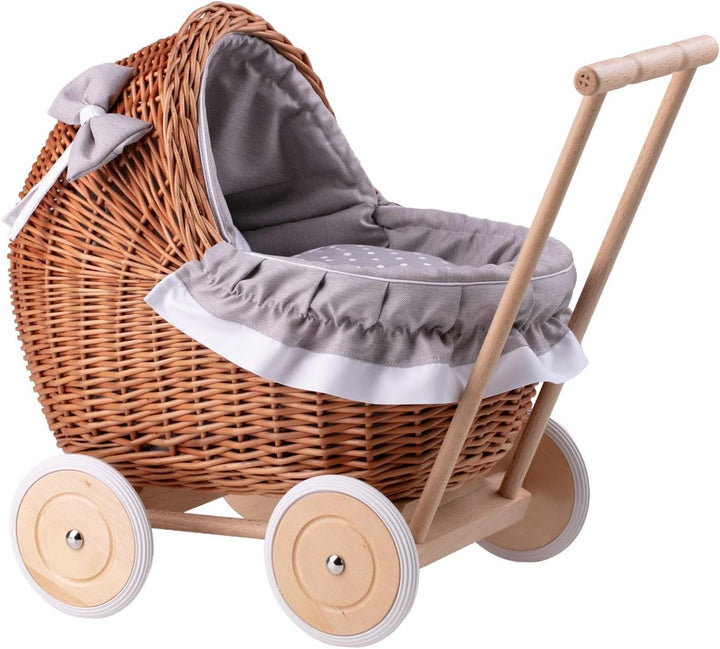 e-wicker24 Alles aus Weide Puppenwagen aus Weide mit Bettwäsche perfekte Geschenkidee Korbpuppenwage