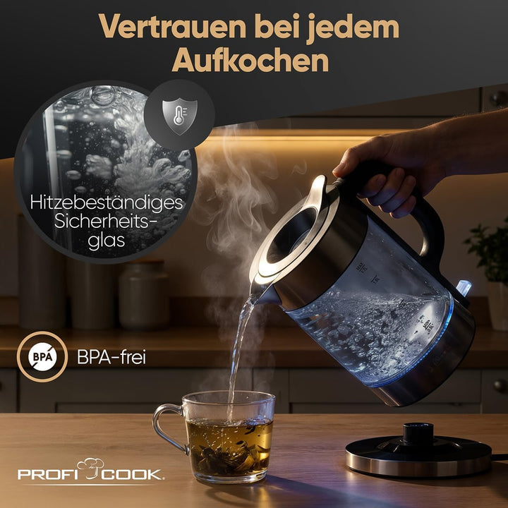 ProfiCook® Wasserkocher Glas | 1,7L | 2200W | beleuchtet | BPA frei | Einhandbedienung | 360° drehba