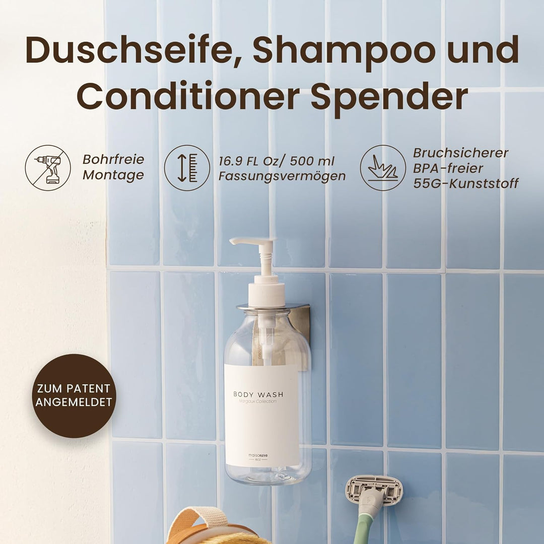 MaisoNovo Shampoo Flaschen zum befüllen – Duschseifen Seifenspender Wandbefestigung – 500 ml Set mit