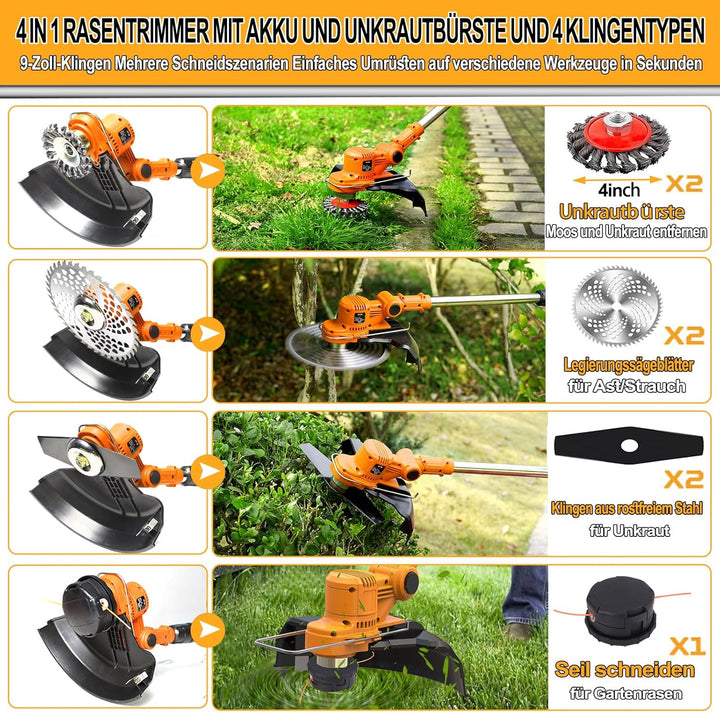 Akku Rasentrimmer mit Akku und Unkrautbürste 4 in 1 Bürstenloser Akku Freischneider Elektro Motorsen