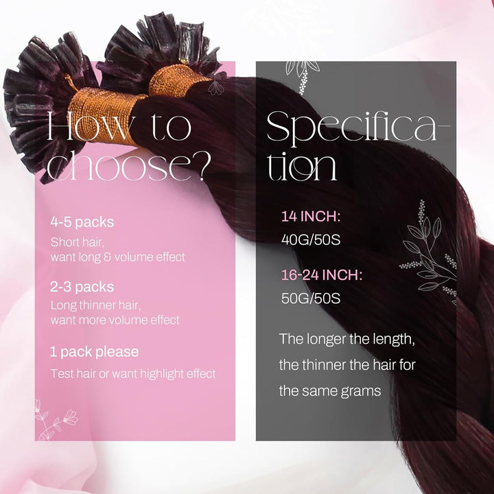 Moresoo 24 Zoll Weinrot Human Hair Bonding Extensions Echthaar Hot Fusion Utips Individuell Remy Ext