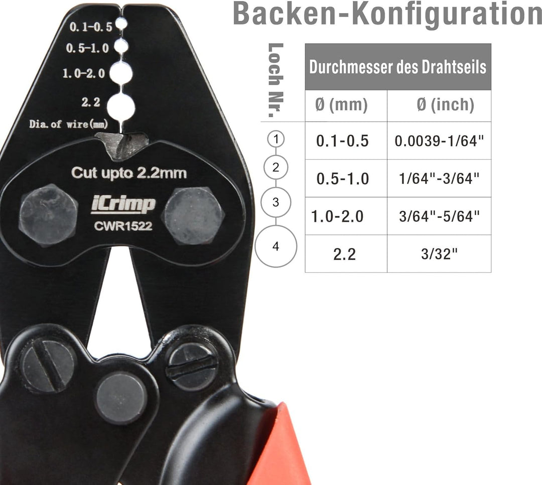 iCrimp CWR1522 Drahtseil Crimpzange mit Schneider 0,1–2,2 mm | Drahtseil Crimpwerkzeug mit Schneidfu