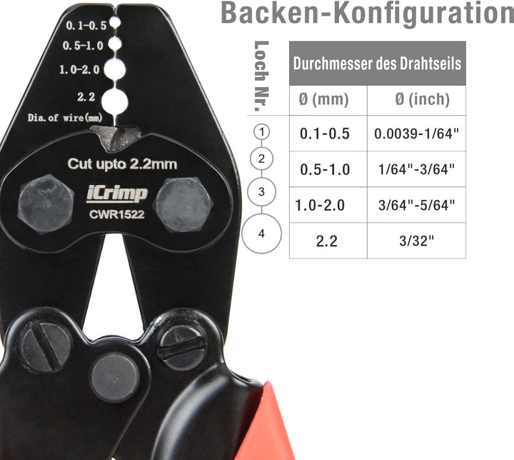 iCrimp CWR1522 Drahtseil Crimpzange mit Schneider 0,1–2,2 mm | Drahtseil Crimpwerkzeug mit Schneidfu