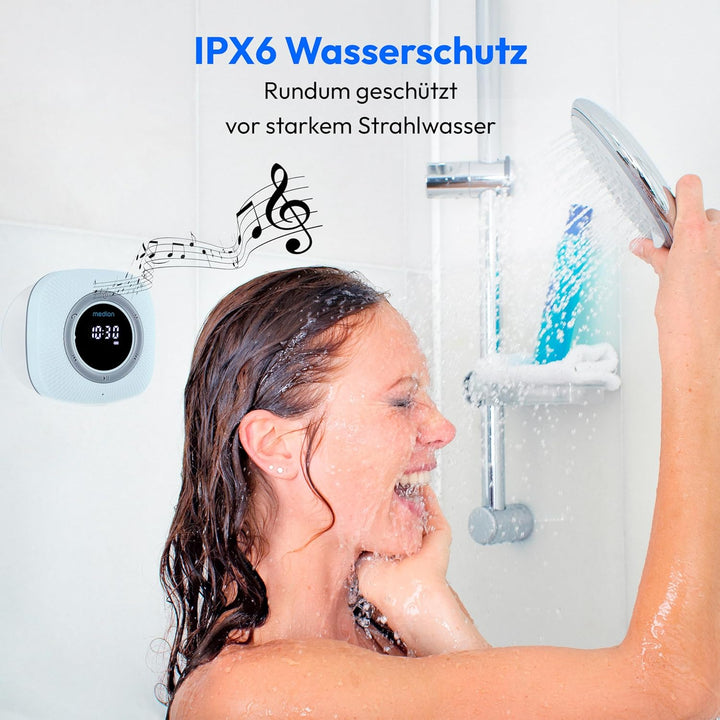 MEDION P66096 Duschradio mit Bluetooth (Badradio, UKW Radio, Saugnapf, LED-Display, IPX6 Wasserdicht