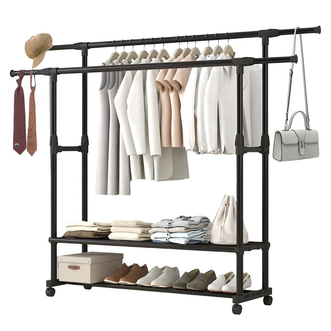 Freistehender Doppelruten Kleiderbügel, 150*150*75cm Ausziehbar Kleiderständer auf Rollen Multifunkt